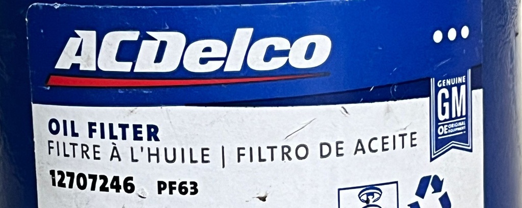 FILTRO DE ACEITE CHEVROLET V6/V8 SILVERADO 14-21 / SUBURBAN 15-21 / Tahoe 15-21 / EQUINOX 09-17 / EXPRESS 18-21 (GM 12707246 PF63)